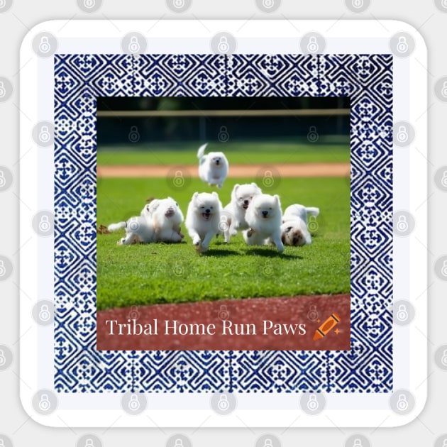 Tribal Home Run Paws – Dogs Playing Baseball with Indigo Hmong Tribal Pattern Sticker by Pimcolle